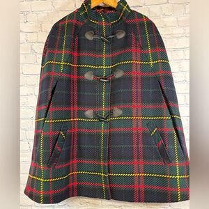 Talbots Green Red Yellow Classic Preppy Timeless Tartan Plaid Cape Coat XL